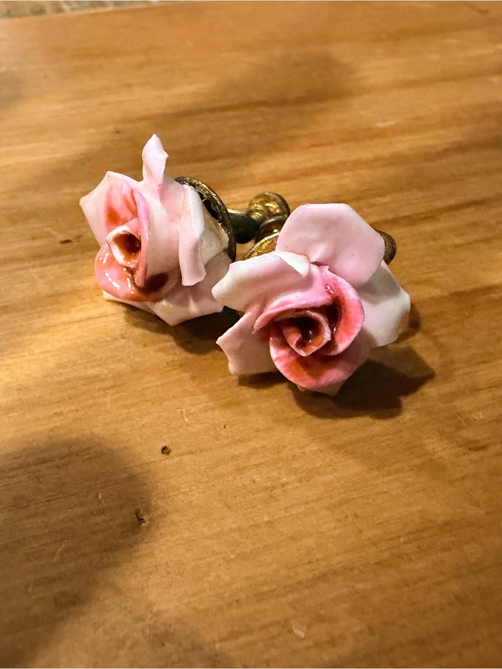 Vintage Denton English Bone China Porcelain Pink Rose screw back Earrings